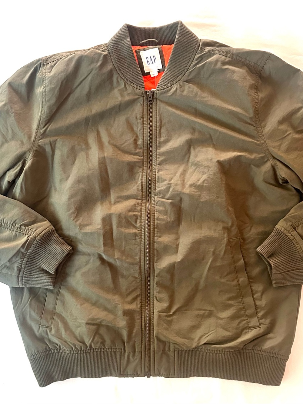 GAP Olive Green Men's Bomber Jacket with Orange Lining